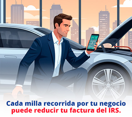 Ilustraci�n de un empresario revisando su auto de trabajo con una aplicaci�n de rastreo de kilometraje en la mano.