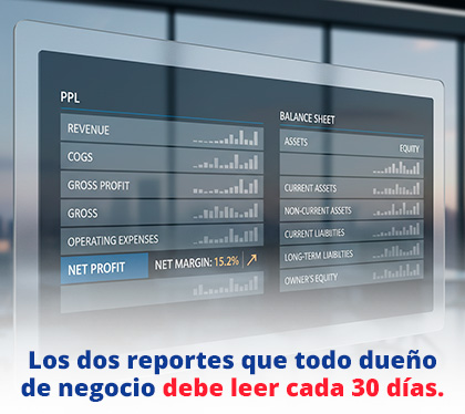 Dashboard financiero limpio mostrando las columnas clave de un P&L y un Balance General resaltando el margen neto.
