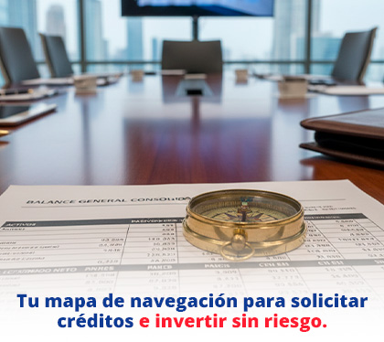 Una br�jula colocada sobre un reporte de Balance General en una mesa de directorio corporativa.